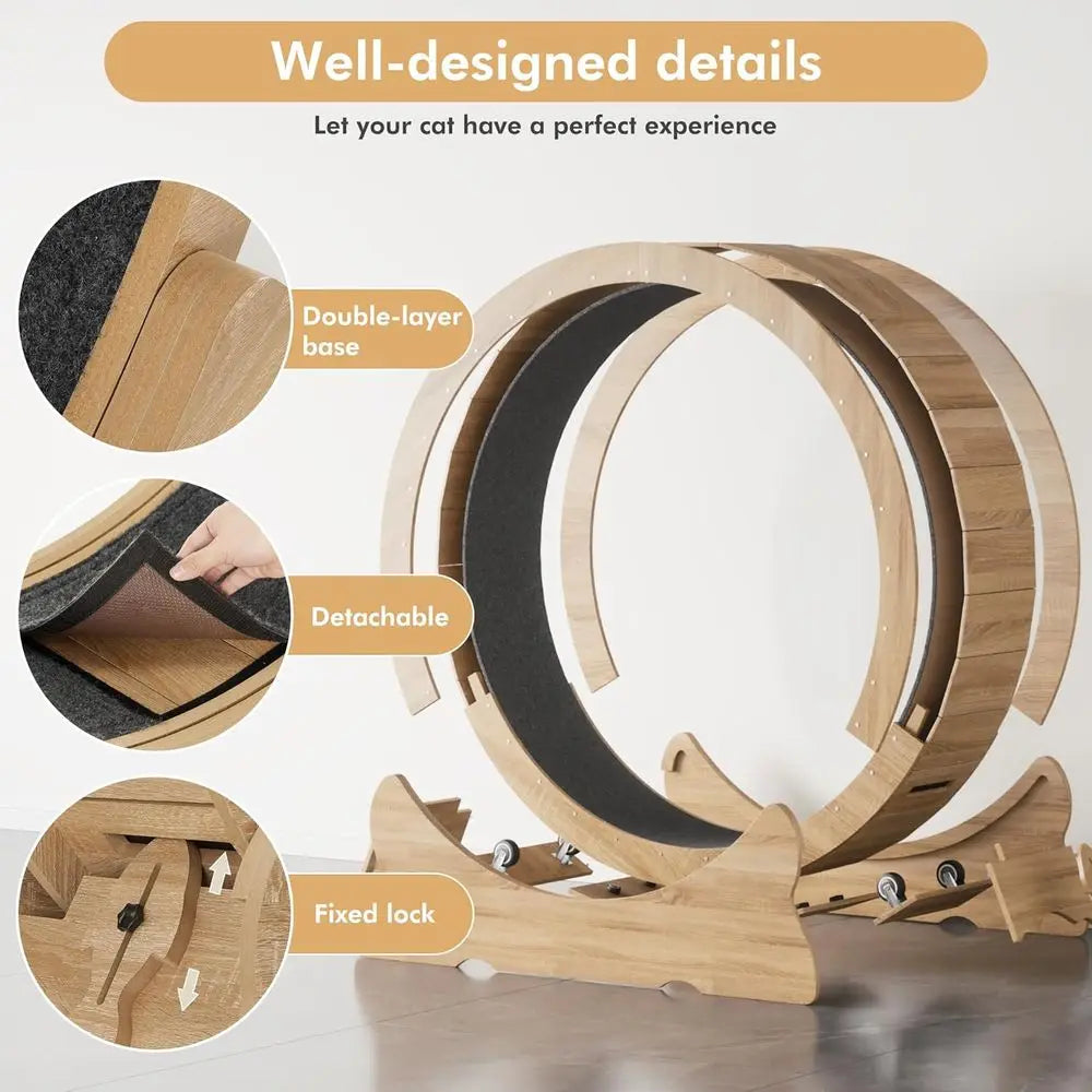 Extra Large 43.3 Indoor Cat Exercise Wheel with Removable Carpet and Teaser for Running, Walking, and Training - Natural Wood