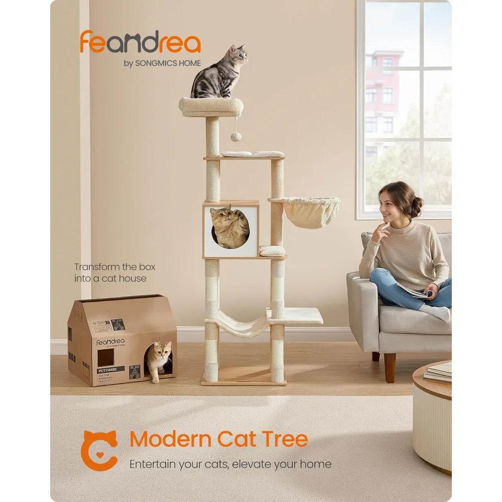 65-Inch Tall Cat Tree with Multi-Level Condo, Cave, Basket, Hammock, Scratching Posts in Almond Yellow