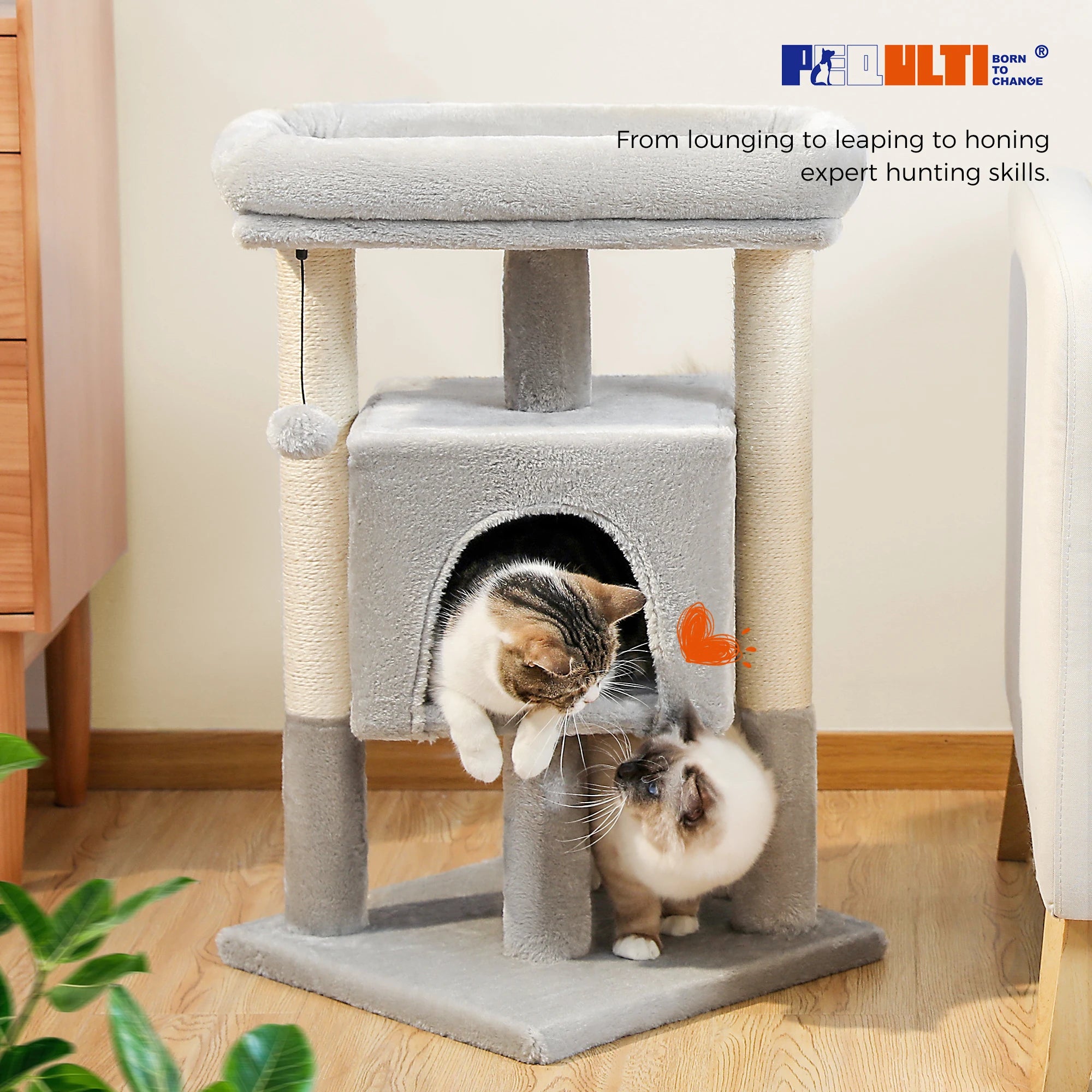 Small Cat Tree Tower with Natural Sisal Scratching Posts Soft Top Perch and Plush Pom-pom Cozy Cat Condo Bed for Indoor Cat Toys