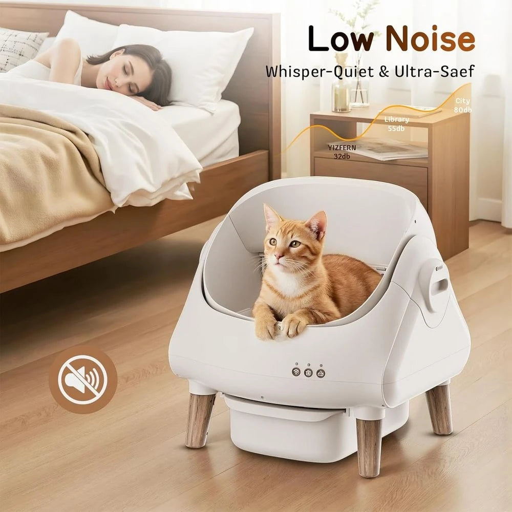 App-Controlled Automatic Litter Box for Multiple Cats: Open Top, Safety, Quiet, Large Bin, Waste Bags & Brush