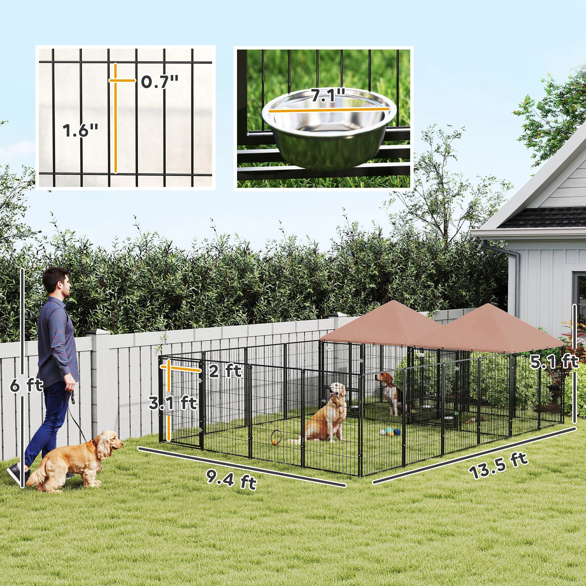 Dog Kennel Outdoor with Rotating & Adjustable Height Bowls