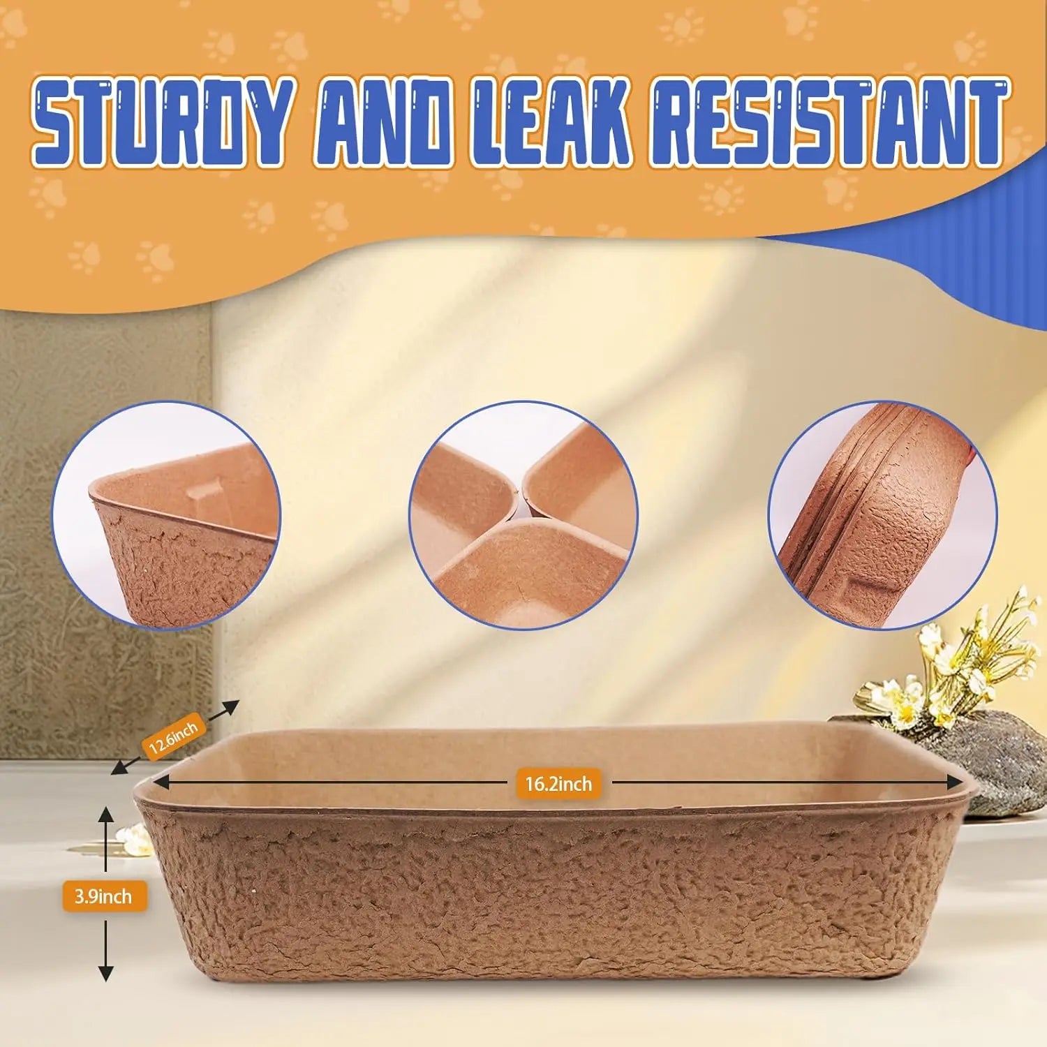 Extra Thick Large Disposable Cat Litter Box, Leak Resistant Durable Sustainable, Brown 6-Pack