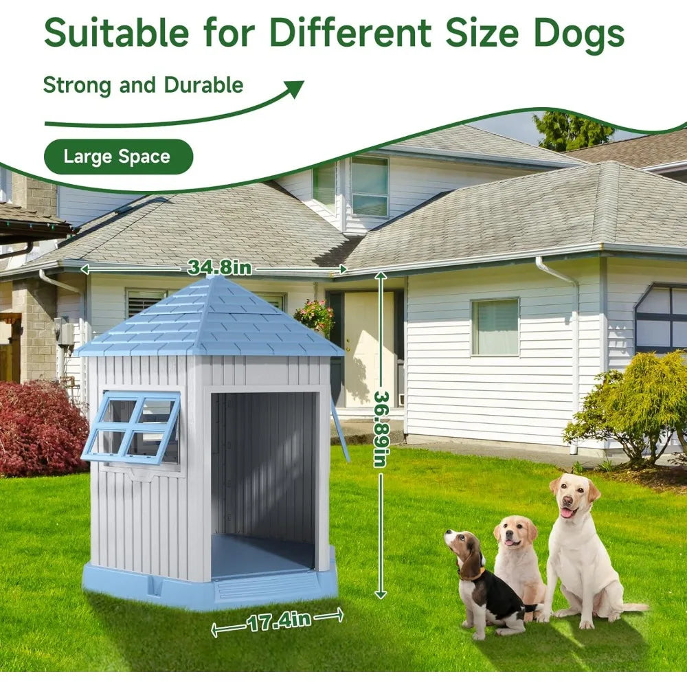 Dog House Indoor Outdoor Durable Large Dog Shelter with Outside Dog Kennel with Window and Elevated Floor for Small Medium Dogs