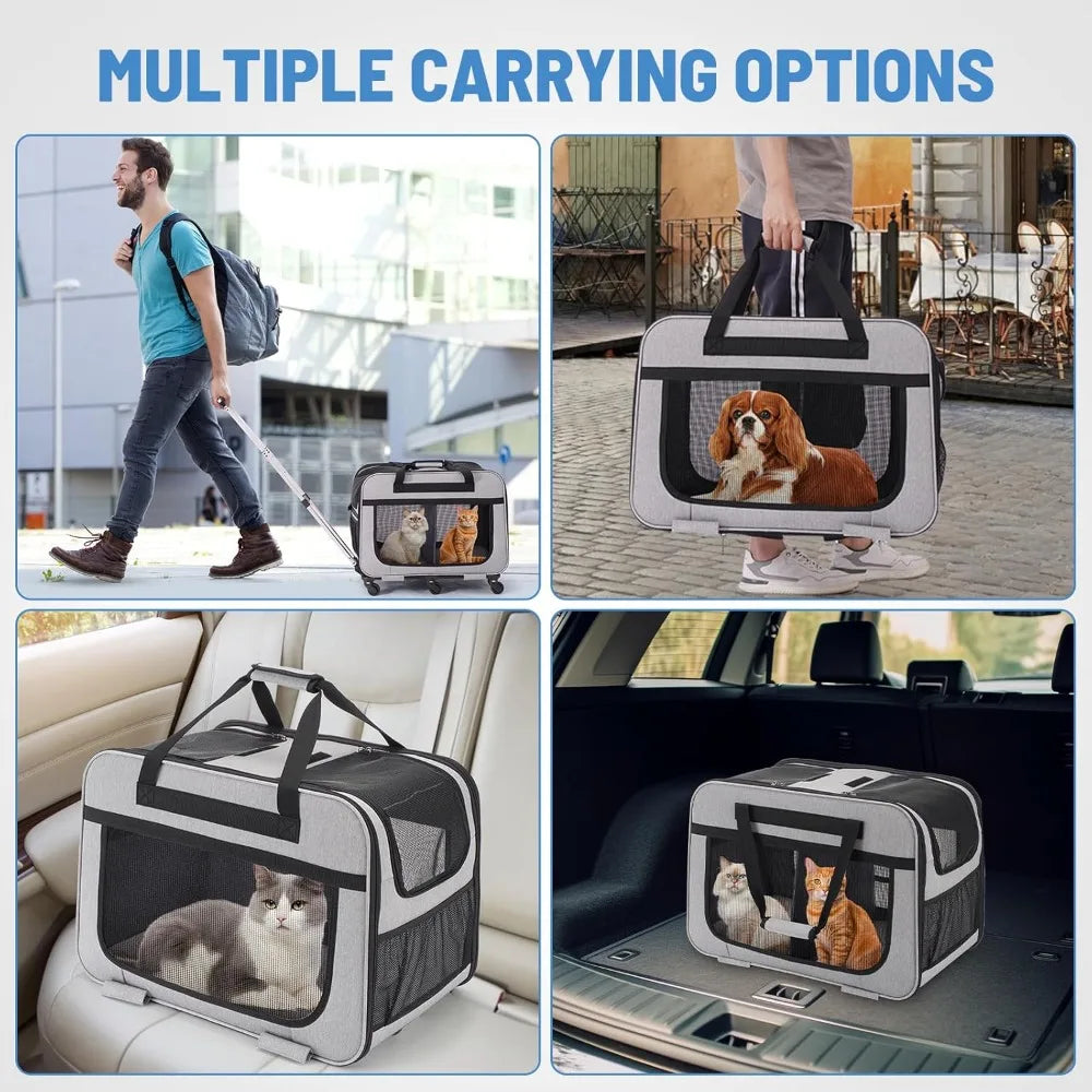 Double Pet Carrier with Wheels for Small Dogs and All-Breed Cats, Rolling Carrier for 2 Cats, Supports up to 40 Lbs