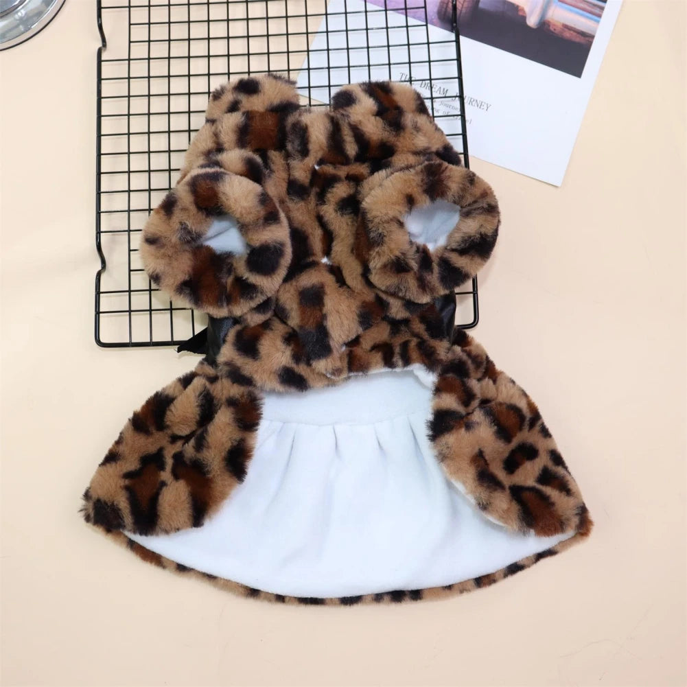 Autumn Winter Pet Dog Clothes Plush Coat Leopard Print Dress for Small Dog Cat Jacket Faux Fluffy Bowknot Skirt Bulldog Pug Pood