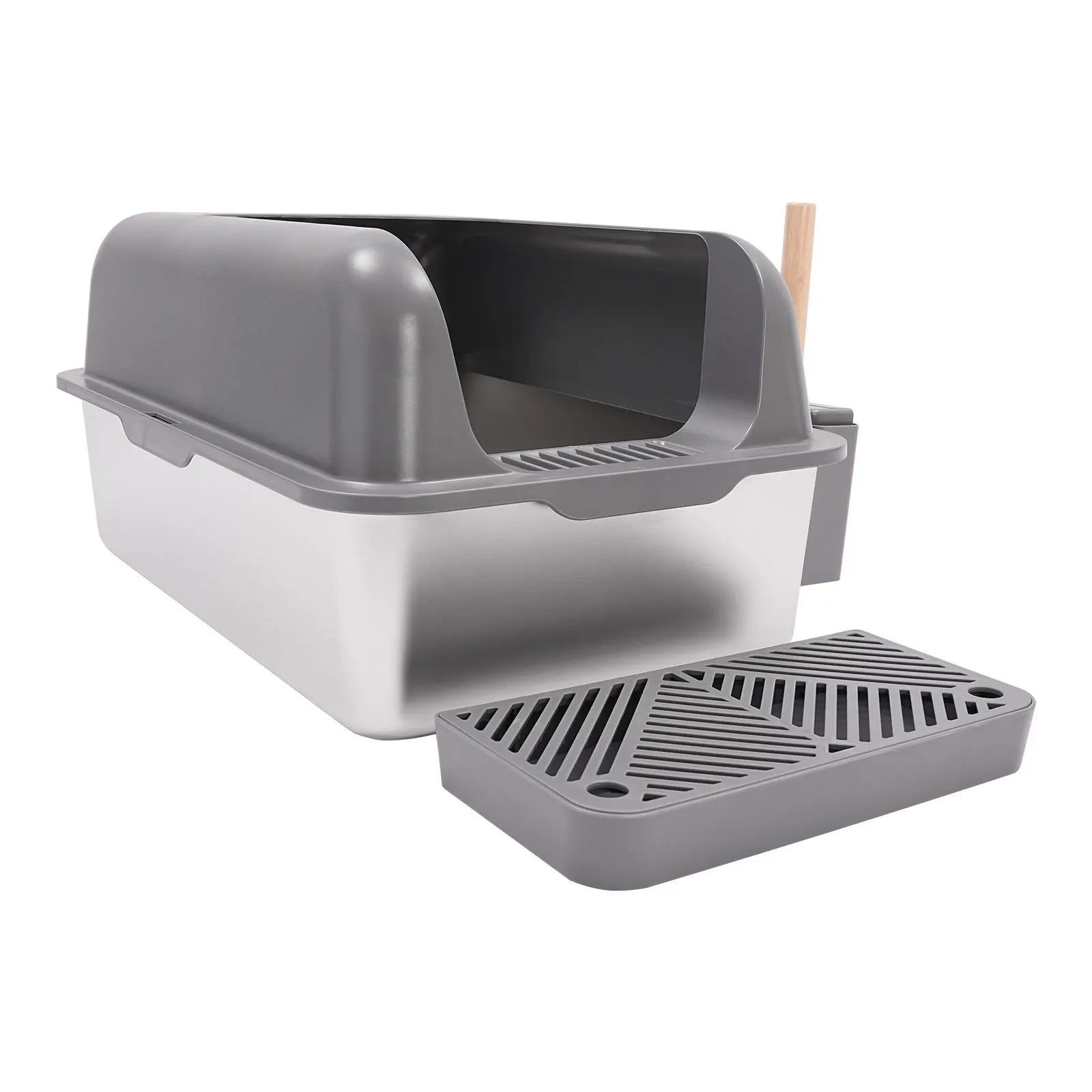 Stainless Steel Cat Litter Box with Protective Shovel Placed in Living Room, Hallway, Bedroom, Pet Store