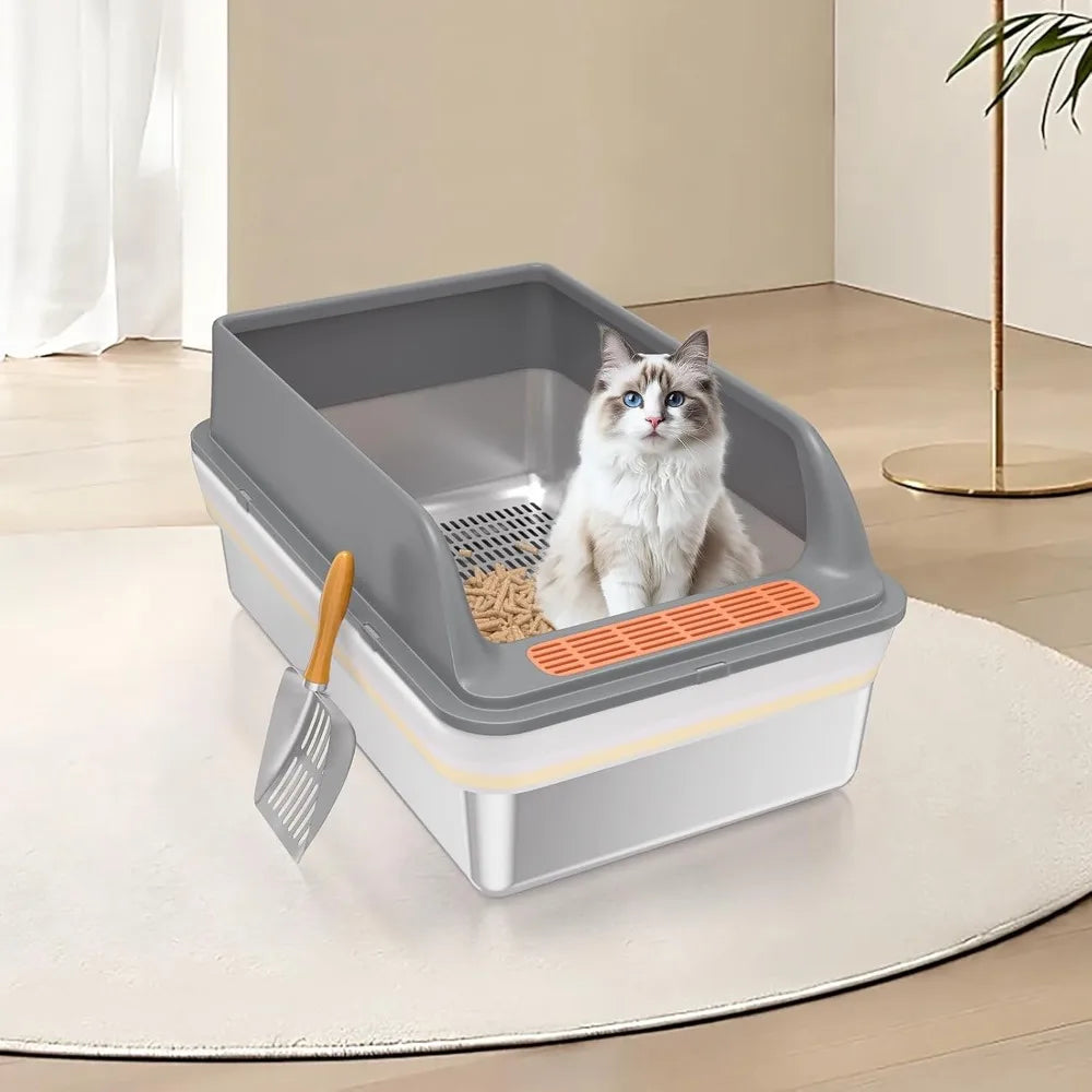 Extra Large Stainless Steel Sifting Litter Box for Cats with XXL Size, Ideal for Pine Pellets and Large Felines, Metal Pellet Si