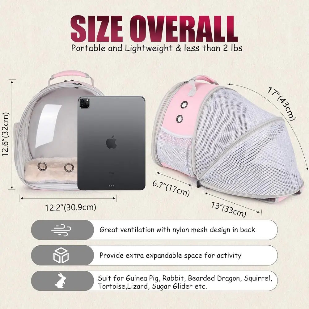 Back Expandable Backpack for Small Animals, Portable Travel Bag Breathable Pet Carrier Cages for Bunny, Guinea Pig, Bearded Drag