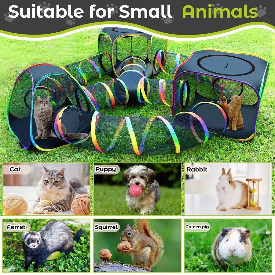 Outdoor Rainbow Cat Enclosure, 7 in 1 Portable Cat Tents for Outside Cage Free Outside Pet Enclosure Cat Tunnel Outdoor Playgrou
