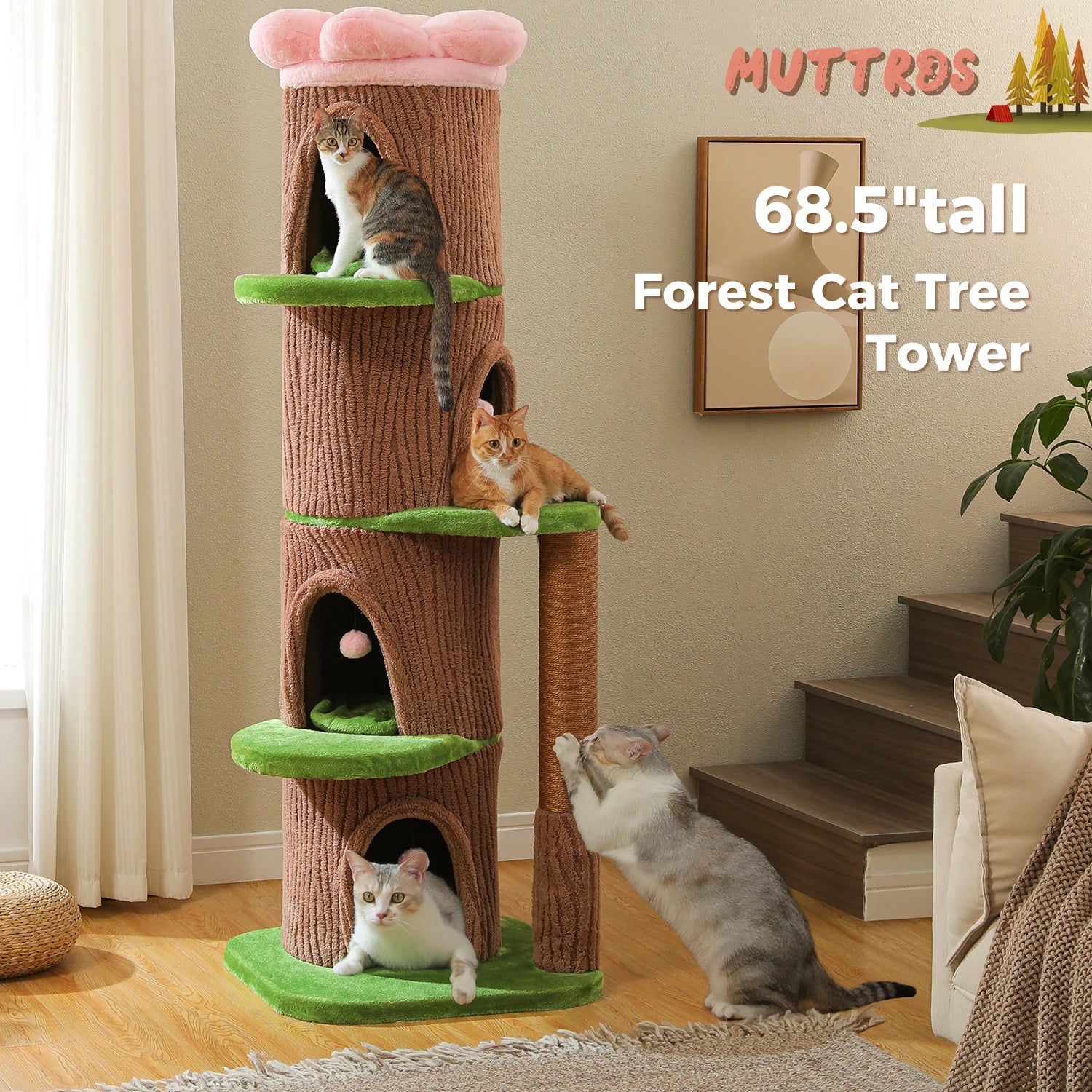 Tall Cat Tower Forest Cat Tree with Flower Top Perch,Thick Scratching Post,4 Cozy Condos Suitable for Large Heavy Cats,Cat Toys