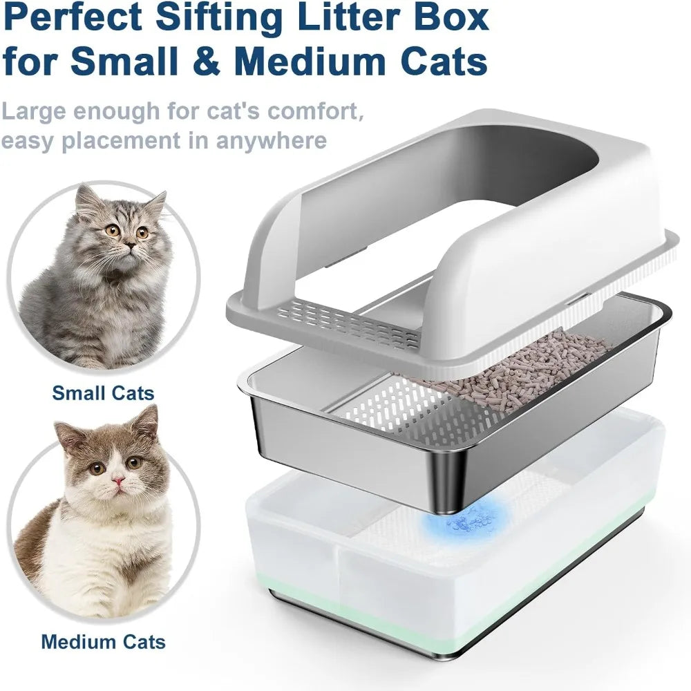 Stainless Steel Sifting Litter Box with Lid for Cats, Large Metal Pan for Pine Pellets, High Sides Cat Litter Box with Pine Pell