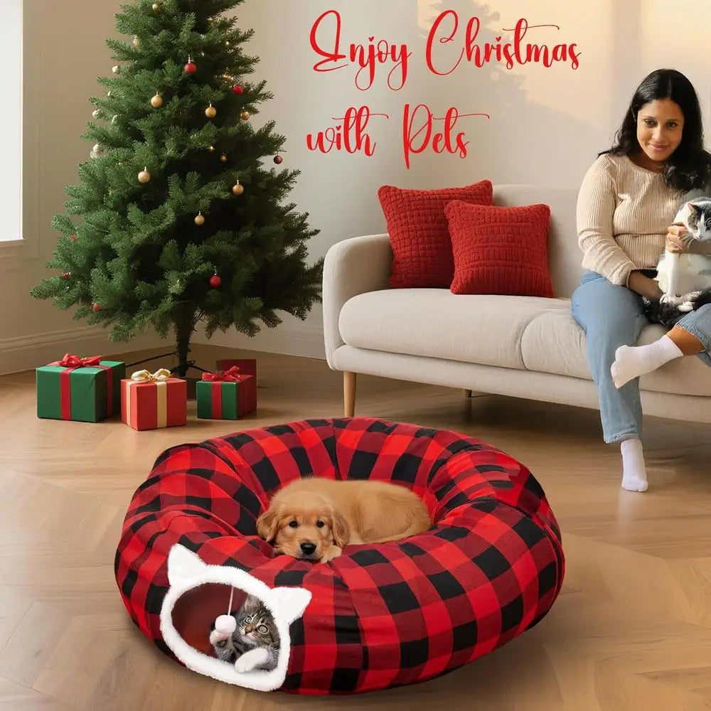 Christmas Tree Skirt with Cat Tunnel, Buffalo Plaid Bed, Dual-Entry Peekaboo Donut Tunnels for Pets