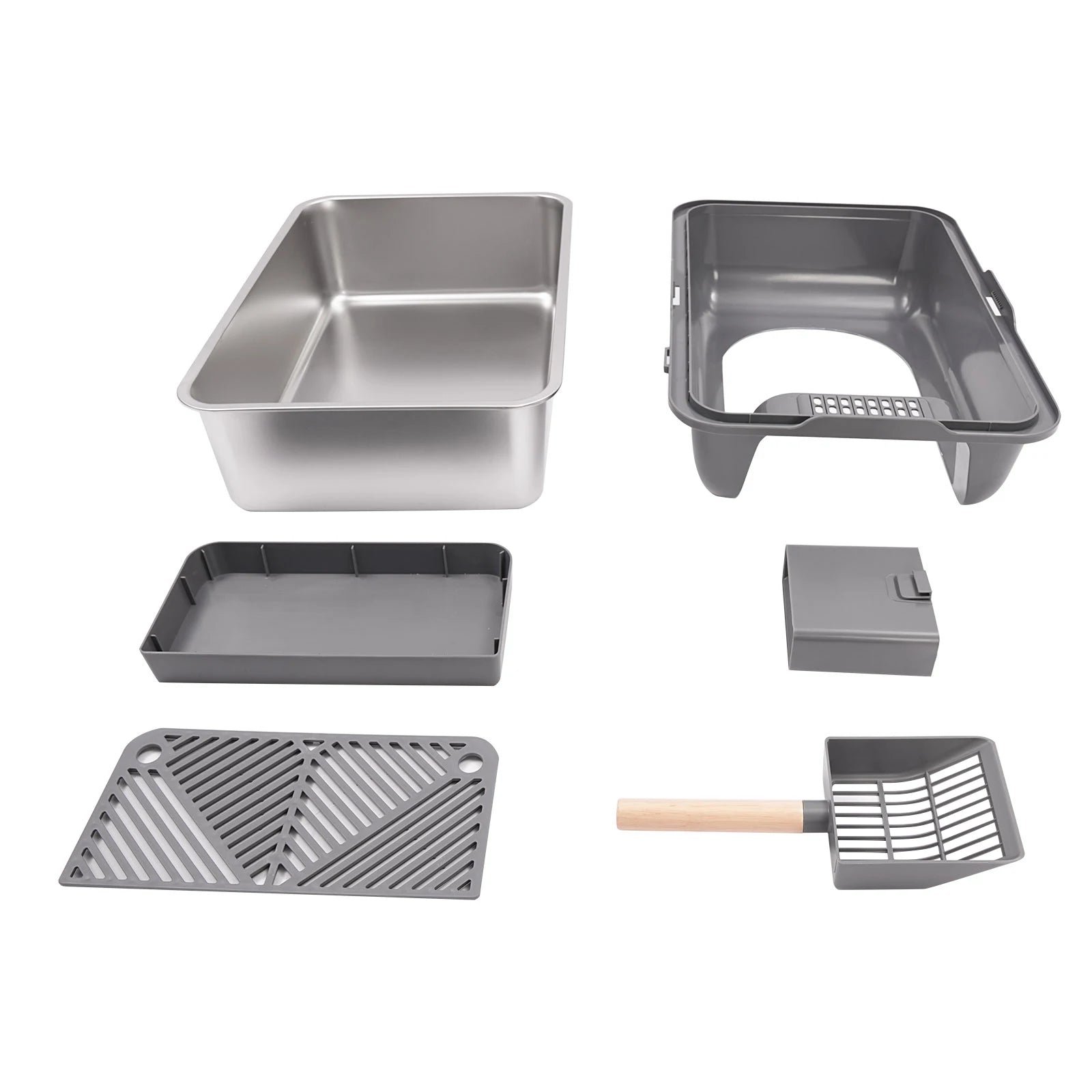 Stainless Steel Cat Litter Box with Protective Shovel Placed in Living Room, Hallway, Bedroom, Pet Store