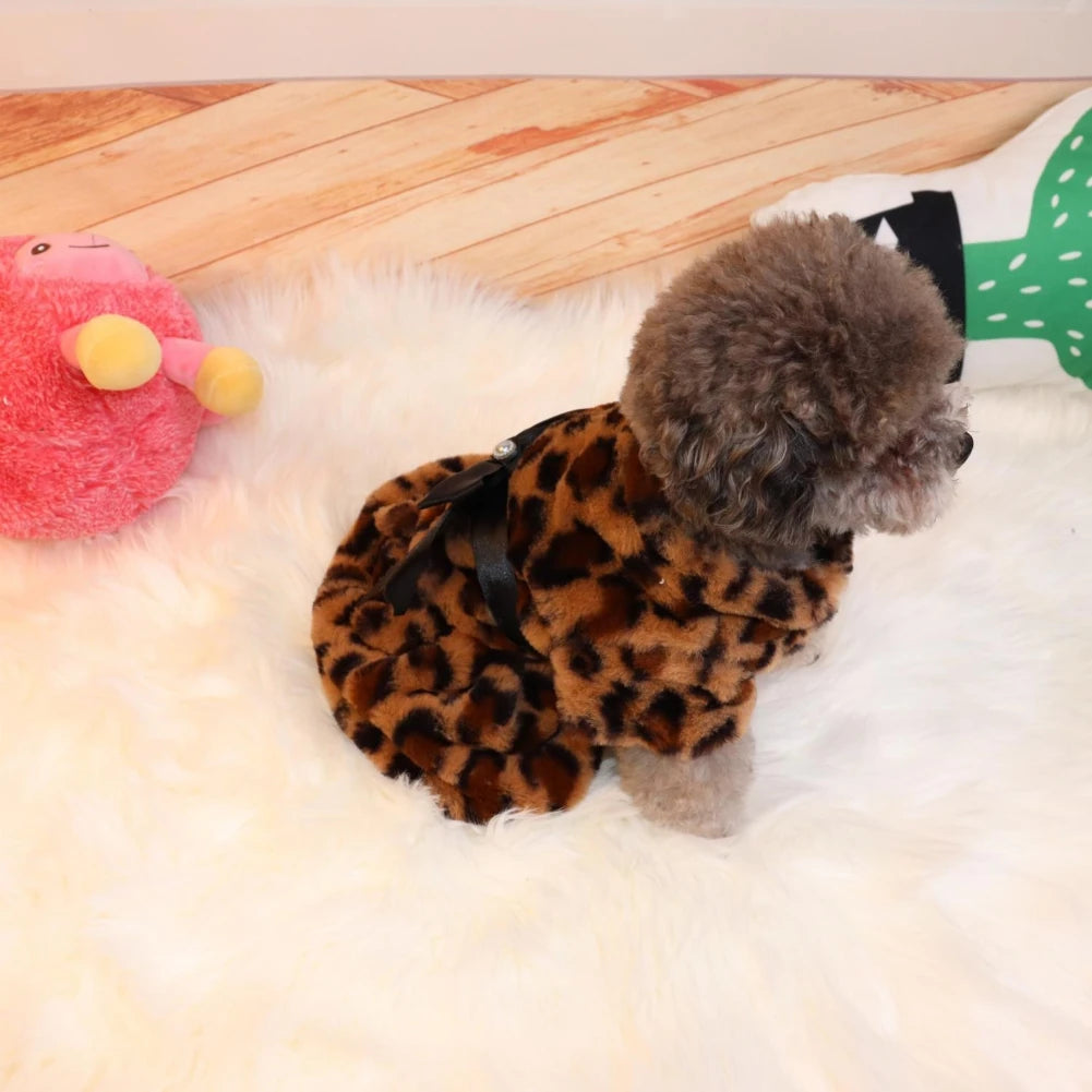 Autumn Winter Pet Dog Clothes Plush Coat Leopard Print Dress for Small Dog Cat Jacket Faux Fluffy Bowknot Skirt Bulldog Pug Pood