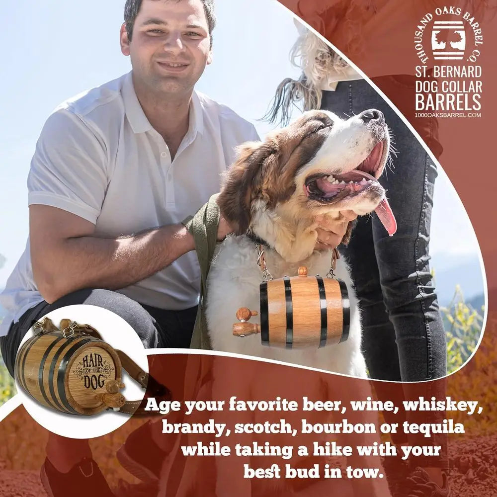 St Bernard Whiskey Barrel Collar for Dog, 'Hair of the Dog' - 1/2 Liter Oak Aging Barrel Dispenser for Saint Bernard Dogs with A