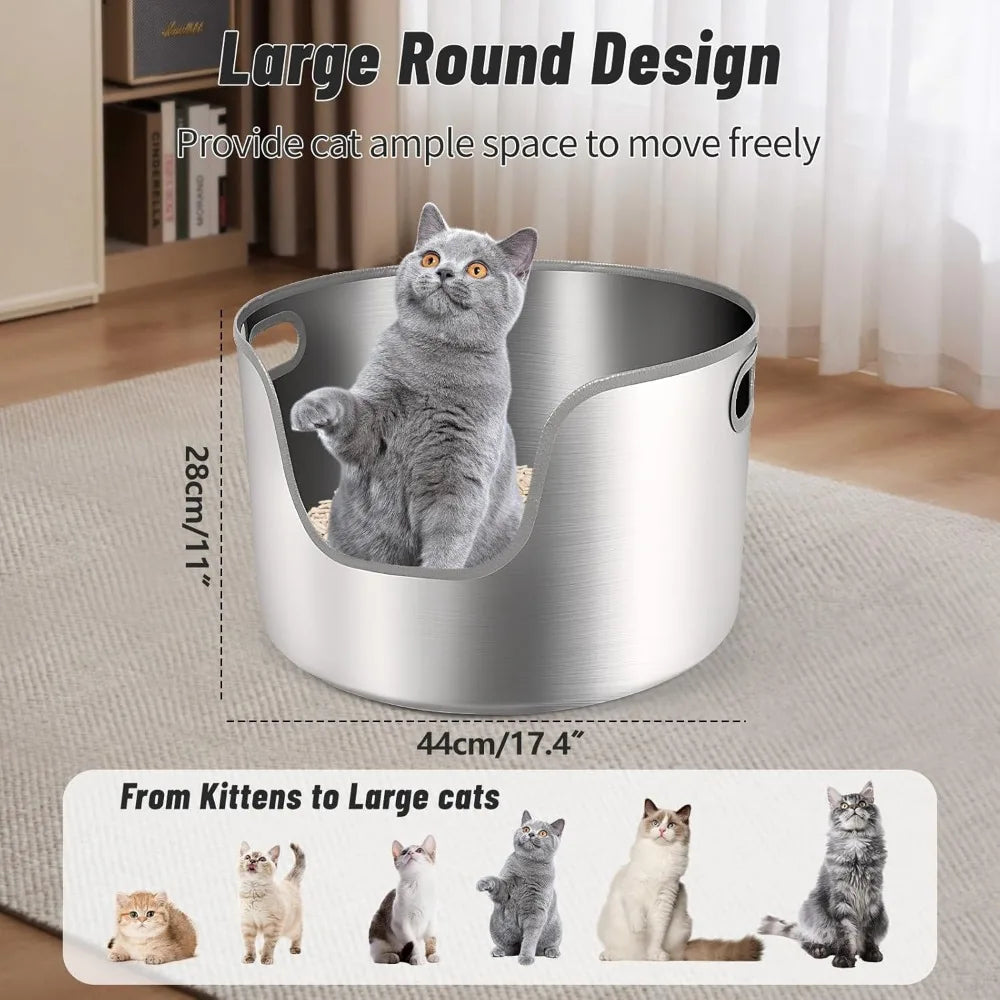 Large Round High-Sided Stainless Steel Cat Litter Box with Scoop, Filter Pedal, and Litter Mat for Easy Clean-Up