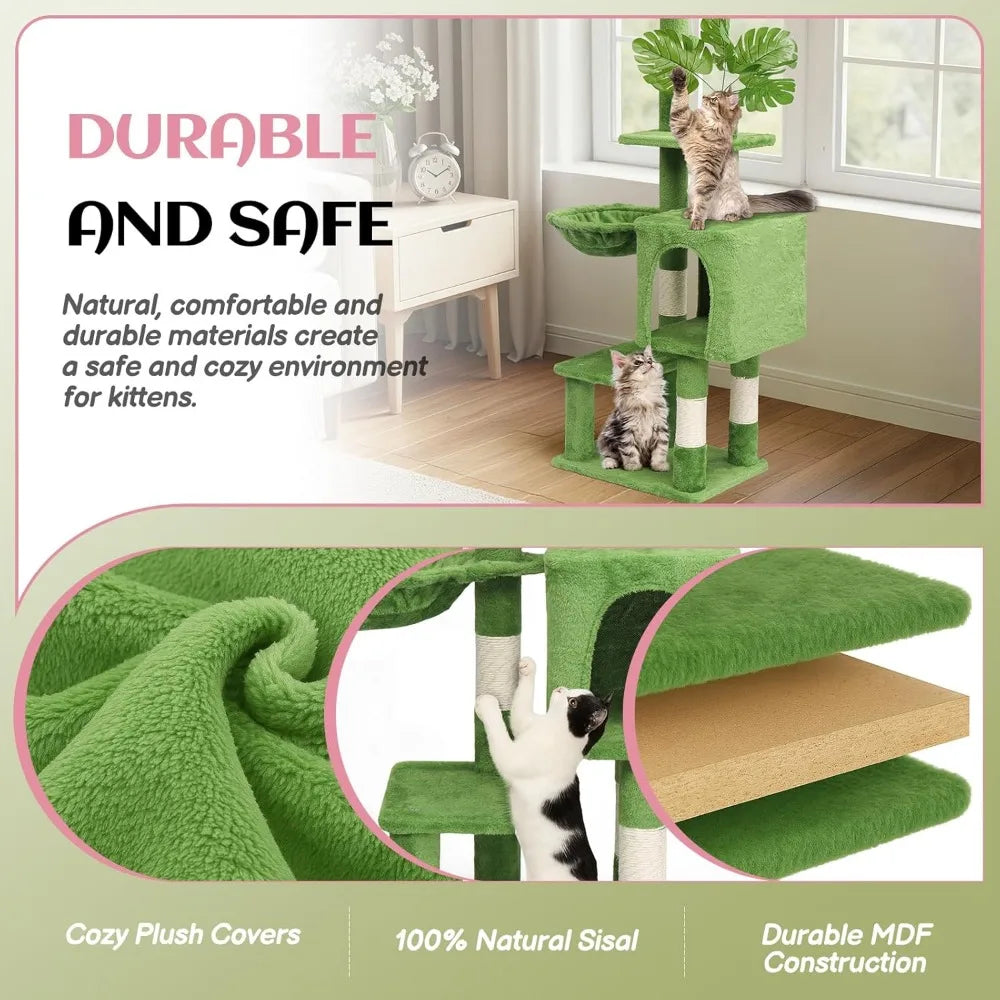 Indoor Cat Tree with Leaves, Activity Center for Kittens, Cozy Hammock, and Sisal Scratching Post