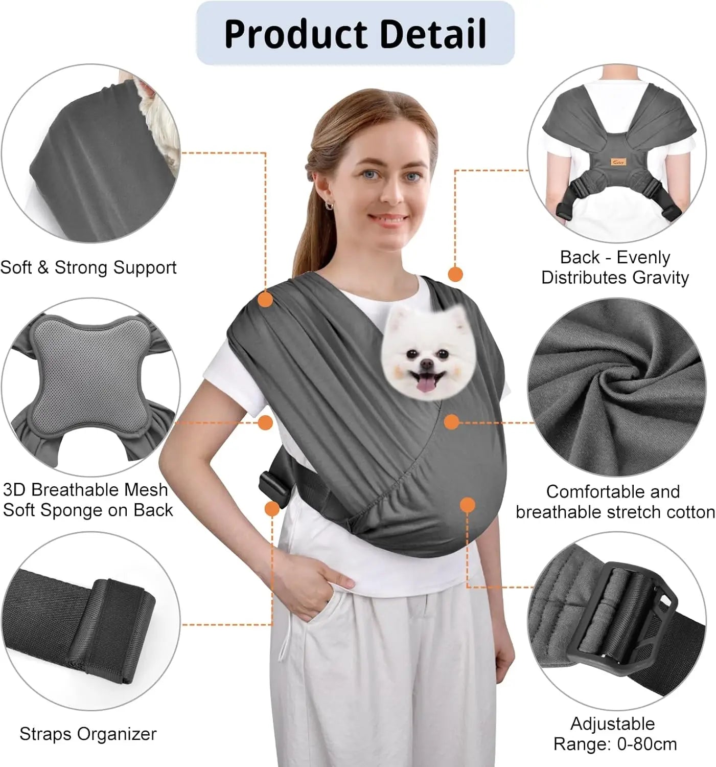 Front-Sling Carrier for Small Dogs & Cats, Adjustable Soft Cotton Pet Harness Up to 10lb (Dark Gray)