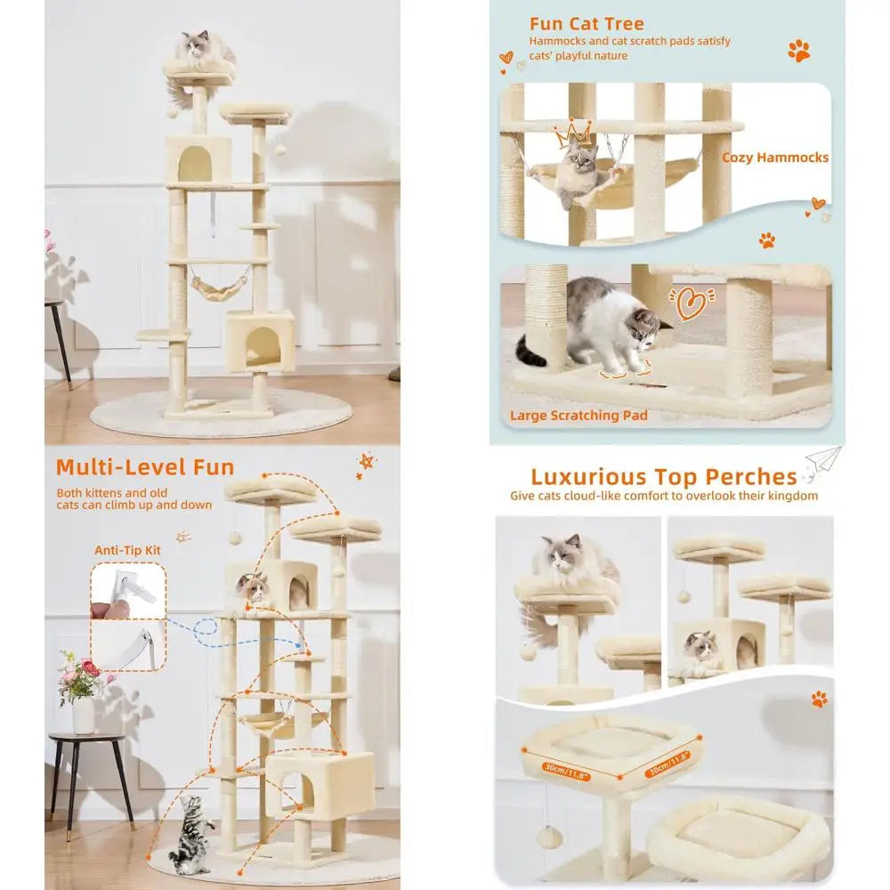 Taoqimiao Cat Tree, 68-Inch Cat Tree Cat Tower for Indoor Cats, Plush Multi-Level Cat Condo with 6 Scratching Posts, 2 Perches,