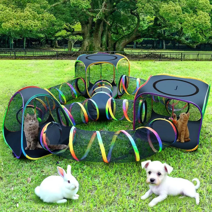 Outdoor Rainbow Cat Enclosure, 7 in 1 Portable Cat Tents for Outside Cage Free Outside Pet Enclosure Cat Tunnel Outdoor Playgrou