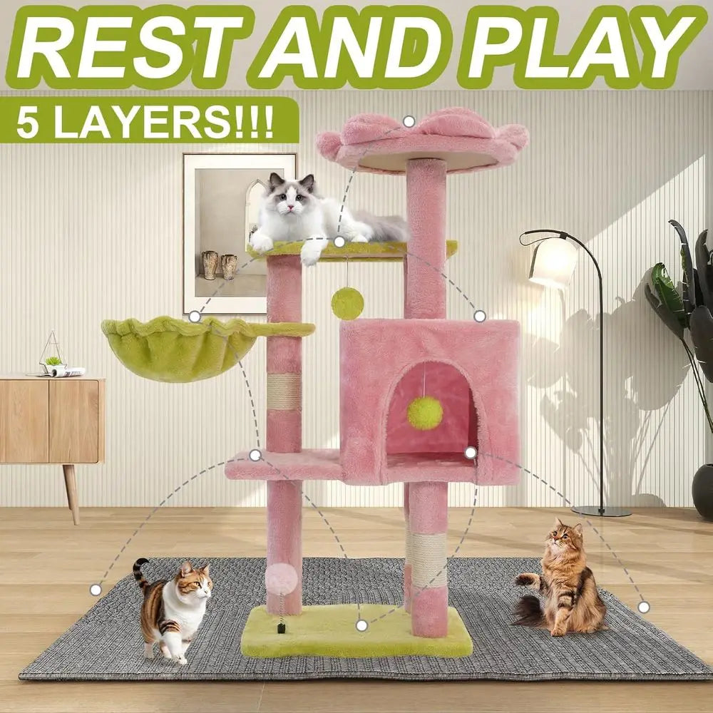 Pink Flower Perch Cat Tower for Large Indoor Cats, 41 Metal Frame Tree with Hammock and Scratching Post
