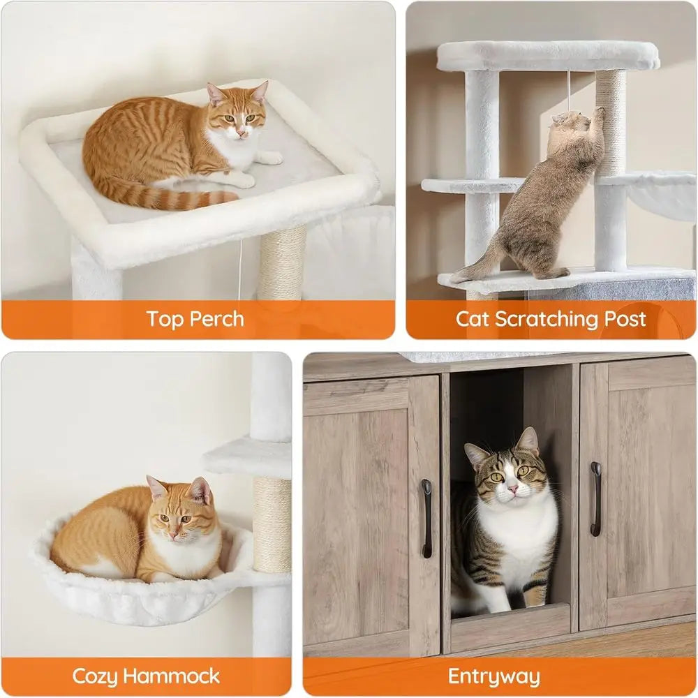 Cat Tree with 47.2 Dual Litter Box Enclosure, 63.4 Tall Multi-Functional Tower for Cats, Hidden Litter Box Enclosure Furniture,