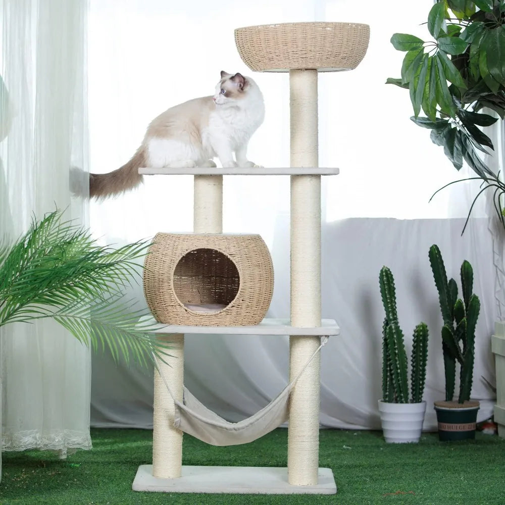 Cat Tree for Indoor Cats, 52.4 Inch Tall, with Scratching Post and Hammock