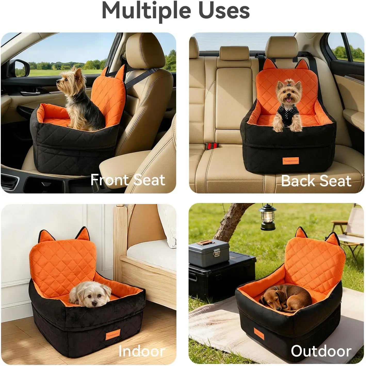 Dog Car Seat for Small/Medium Dogs Up to 35lbs, Elevated Cushion with Washable Cover & Storage Pockets, Black-Orange