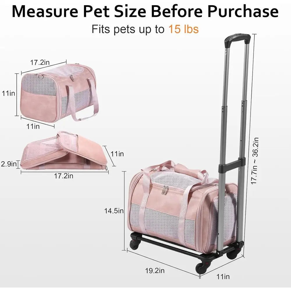 Airline Approved Pet Carrier with Wheels, Rolling Soft Sided Dog Cat Travel Bag, Premium Fashion Leather Small Pet Carrier Purse