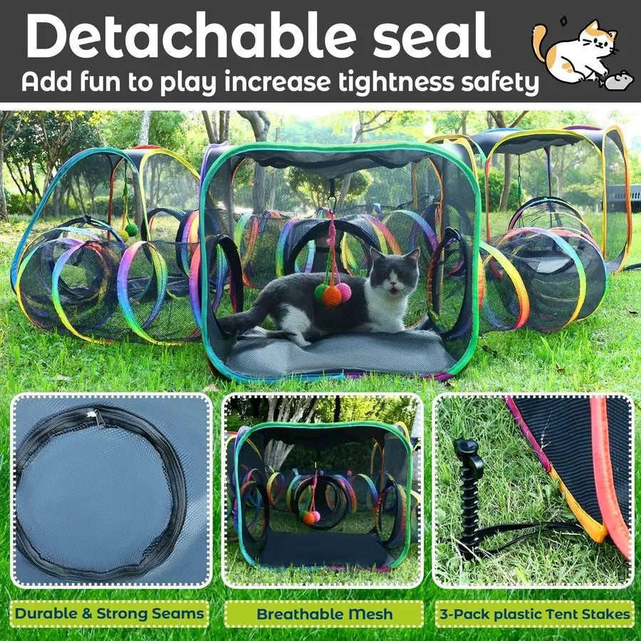 Outdoor Rainbow Cat Enclosure, 7 in 1 Portable Cat Tents for Outside Cage Free Outside Pet Enclosure Cat Tunnel Outdoor Playgrou