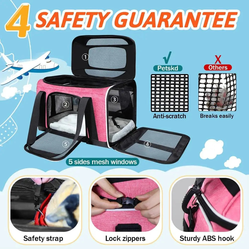 Expandable Pet Carrier 17x11x9.5 for Small Cats & Dogs, Airline Approved, Locking Zippers, Anti-Scratch Mesh, Pink