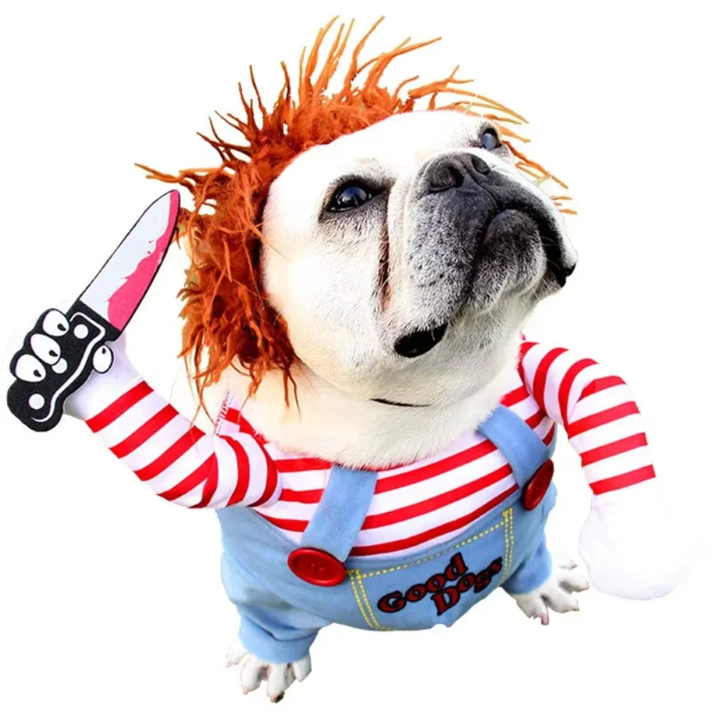 Pet Halloween Costume  Pet Clothes Chucky Dog Cat Cosplay Clothing Deadly Doll Holding A  Coat Pet Costume Apparel Pet clothes