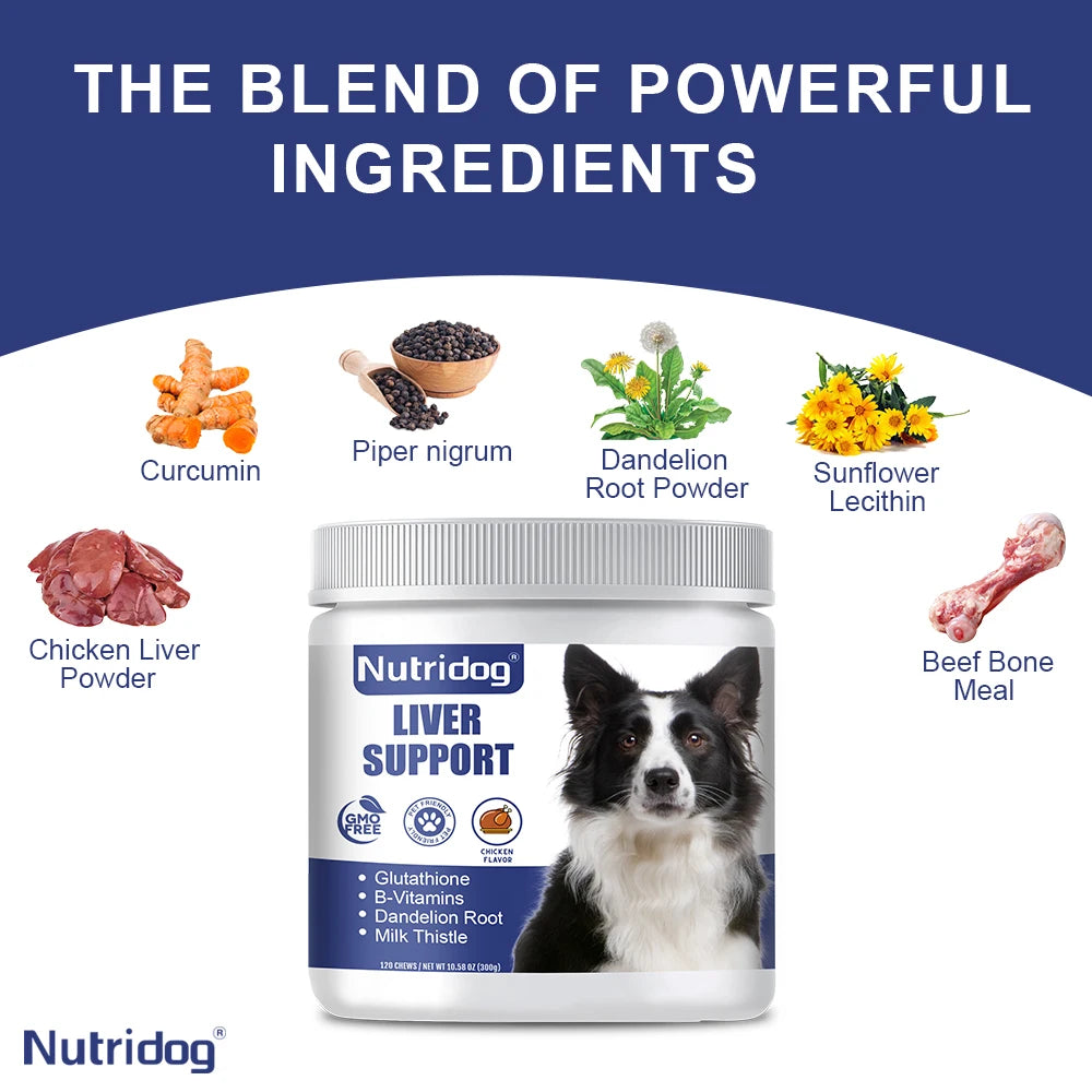 NUTRIDOG Dog Liver Support Chews Milk Thistle Curcumin Livers Detox Kidney Hepatic Support Chicken Flavor 120 PCS/Bottle