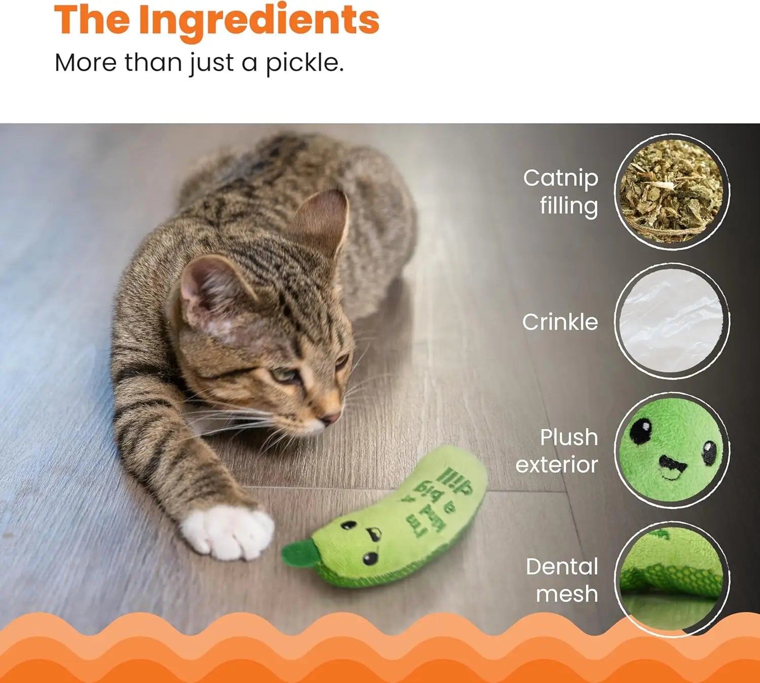 Crunchy Pickle Cat Toy with Crinkle Sound, Catnip & Dental Mesh - 6.5" Plush Kicker for Play