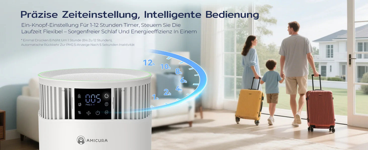 Amicura P2 Air Purifier for Pet Allergy Sufferers 843 m³/h Pet Hair Removal 450 CADR 99% Odour Neutralisation H13 Filter Against