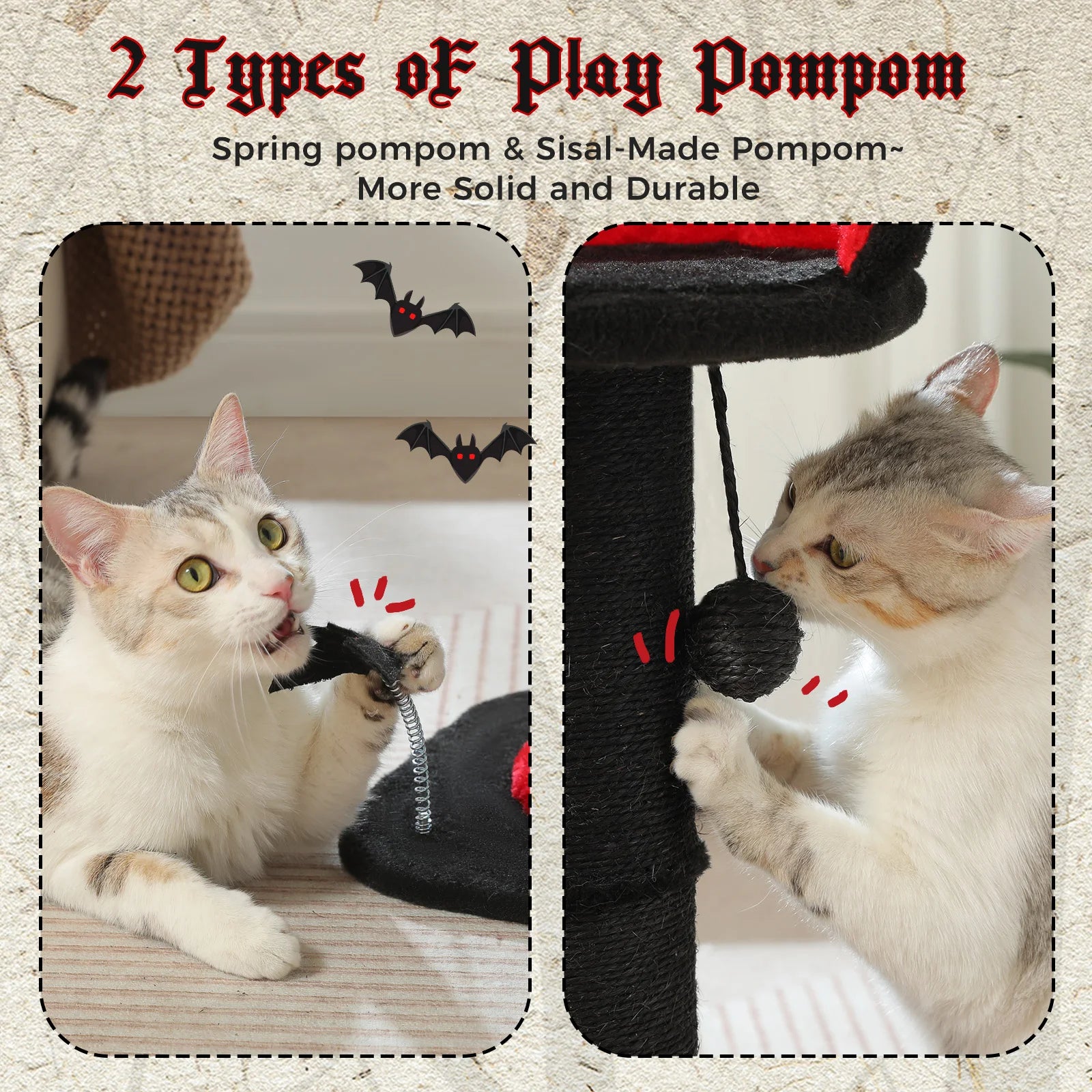 Stable Black Gothic Cat Scratching Post with Super Thick Scratching Post,Removable Spiderweb Pattern Cat Bed,Spring Ball,Cat Toy