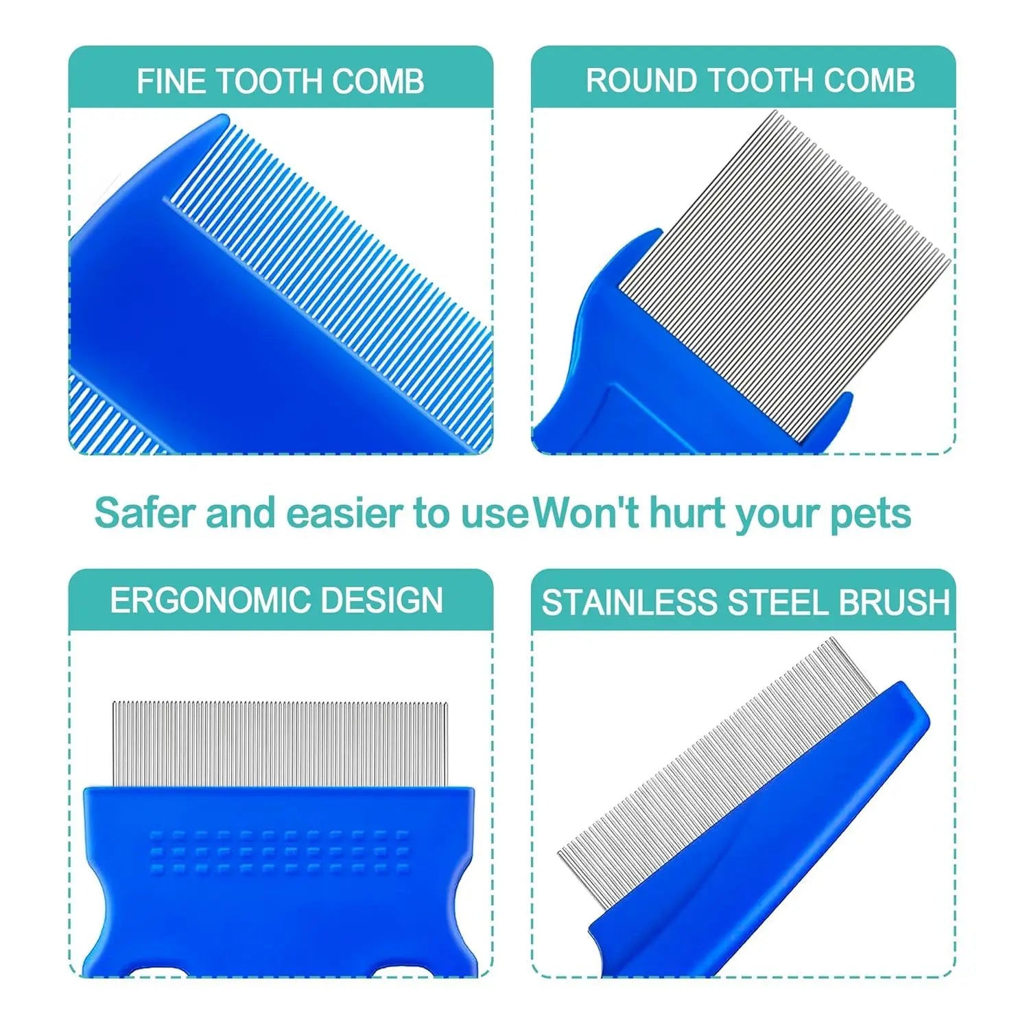 5-Pack Flea Combs. Stainless steel, double-sided for pet grooming & tear stain removal.