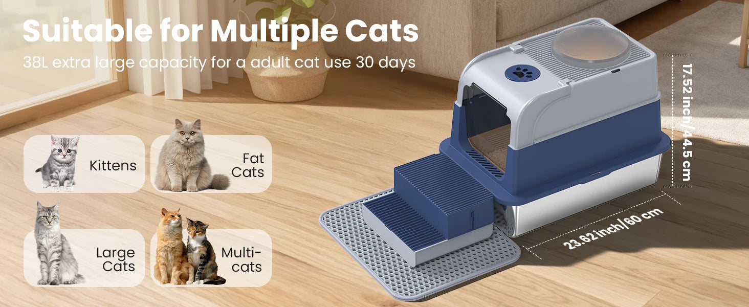 Stainless Steel Cat Litter Box Non-Stick Odor Control Easy Clean with Lid&Scoop Rust-proof Durable Stainless Steel Pet Toilet