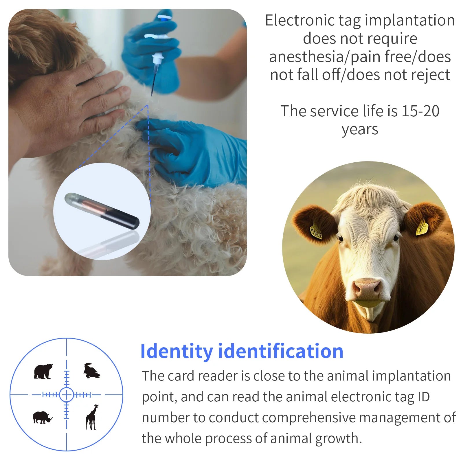 100pcs 2.12X12/1.4X8mm/1.25x7mm microchip+syring dog cat pic cow animal chip EM4305 134.2khz