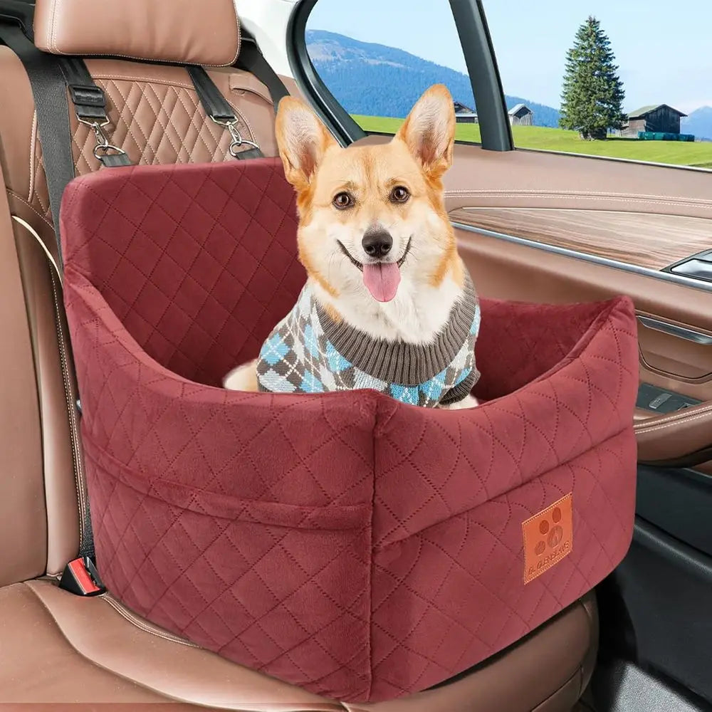 Pet Car Seat with Cushion for Small/Medium Dogs up to 35lbs, Washable, Detachable, with Storage Pockets and 2 Safety Belts - Red