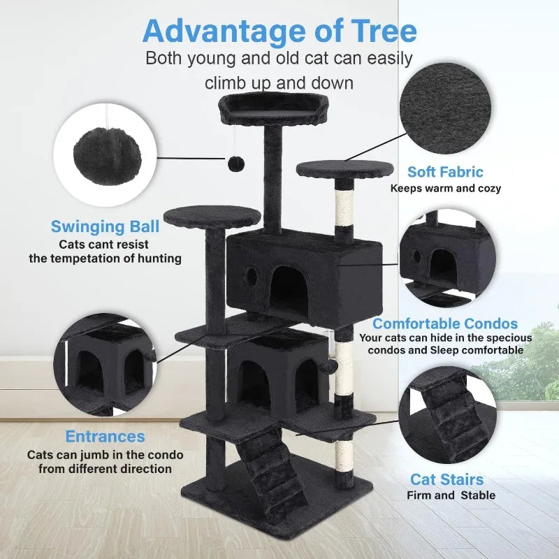 Tree 54in Tower Multi-Level Durable Scratching Post & Cozy Fun Jumping Platform Space Saving Condo Pet P