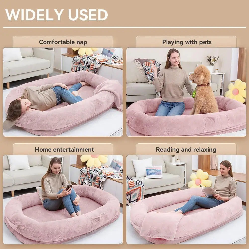 Jumbo Plush Dog Bed for Humans & Pets, 77x51x11 Inches, Waterproof, Removable Cover, Pink