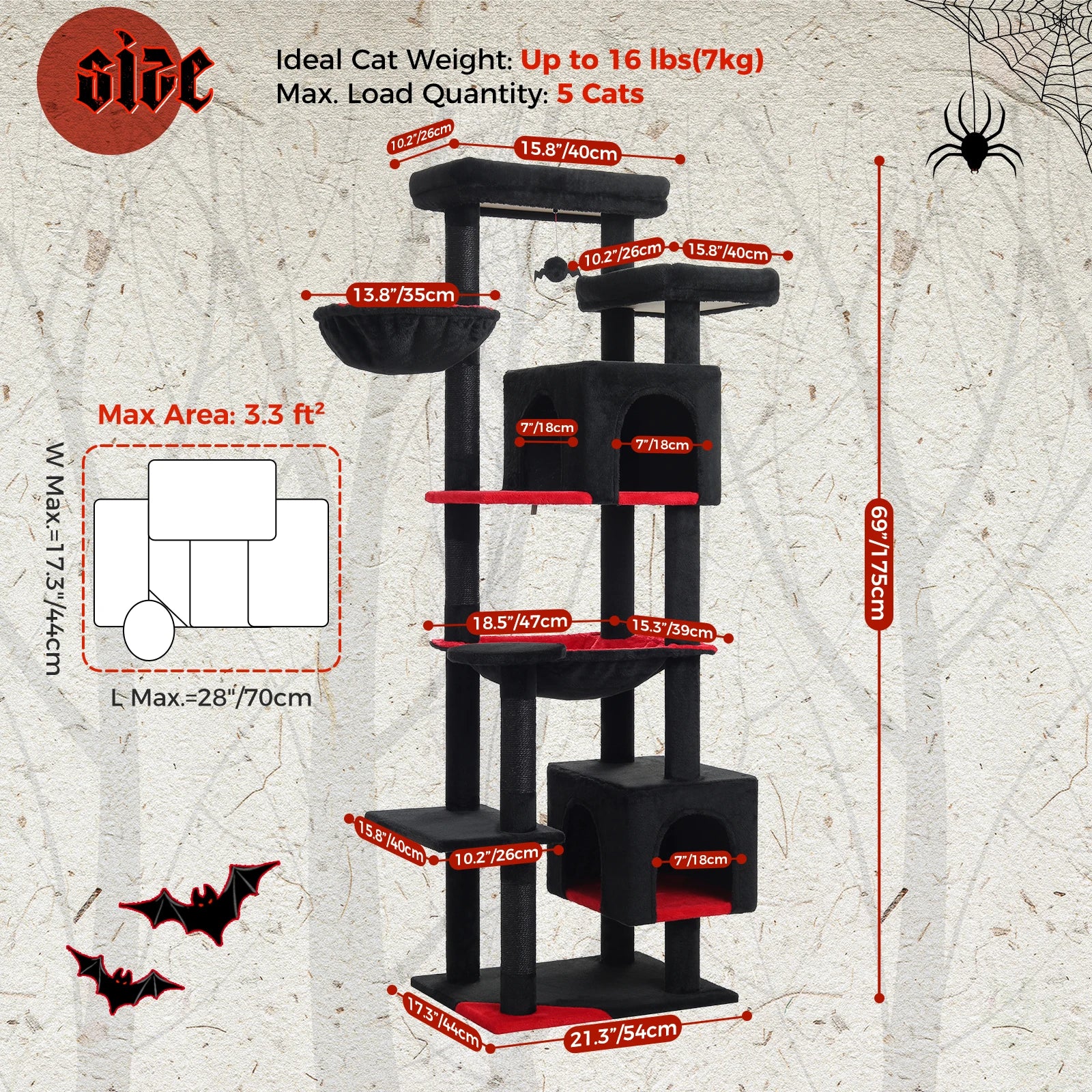 Gothic Cat Tree Black Cat Tower with Comfortable Condo,Natural Sisal Cat Scratching Post Perfect for Indoor Cats,Cat Accessories