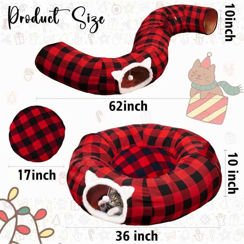 Christmas Tree Skirt with Cat Tunnel, Buffalo Plaid Bed, Dual-Entry Peekaboo Donut Tunnels for Pets