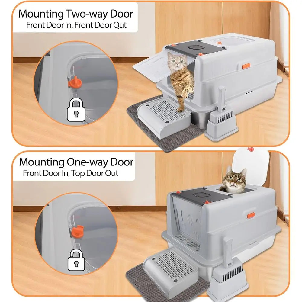 Extra Large 28 L×20 W Odor-Control Stainless Steel Cat Litter Box, 4-in-1 Cat Metal Litter Box Set, Enclosed Removable Metal Lit