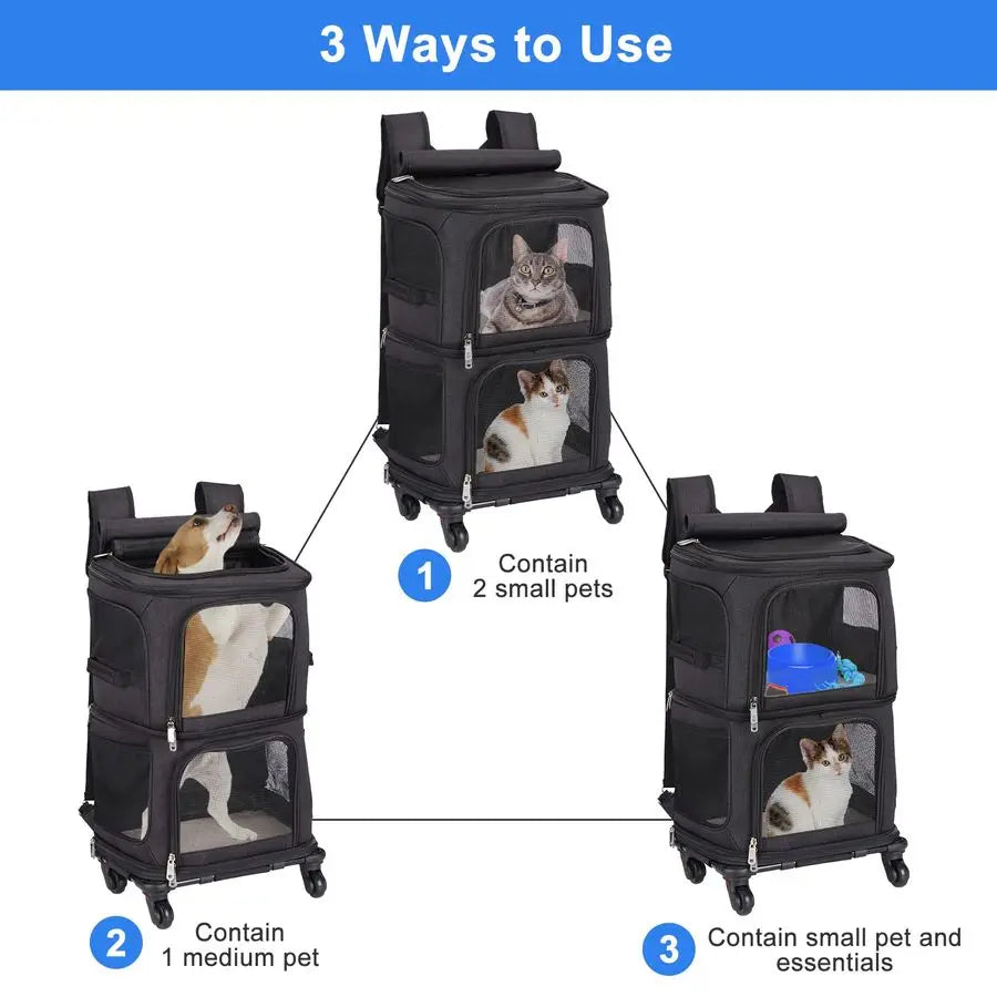 Pet Carrier Backpack with Wheels for Small Cats and Dogs, Rolling Cat Travel Carrier, Super Ventilated Design, Ideal for Traveli