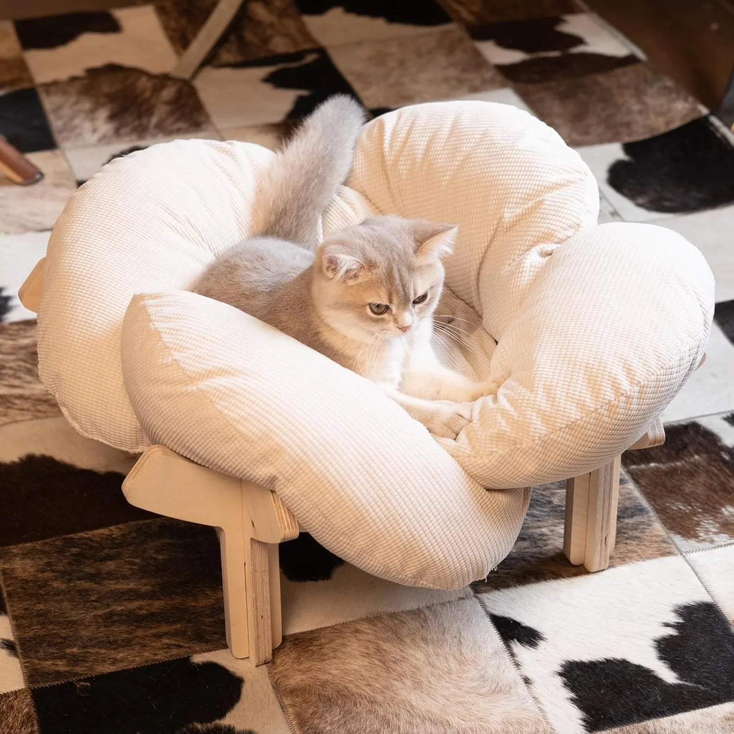 Elevated cat bed wooden soft cushion fluffy pet sofa indoor cat sofa suitable for small dogs and cats furniture (large)