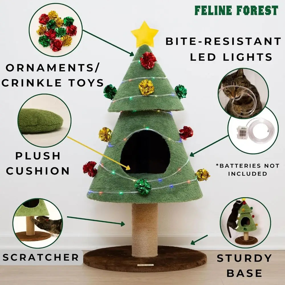 Cat Christmas Tree – Cat Proof Christmas Tree, 3ft Tall Safe for Cats with Cat-Safe Ornaments and LED Lights – Topple-Proof Desi