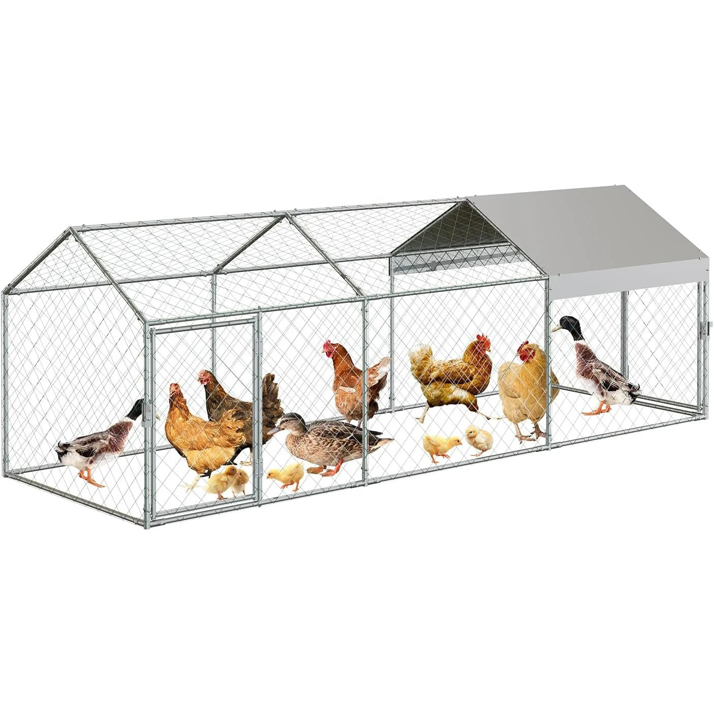 Poultry Cages for Small Animals, 300x100x100 cm Large Metal Cage w/ 2 Doors and Waterproof Cover for Chicken Coops Rabbits Ducks