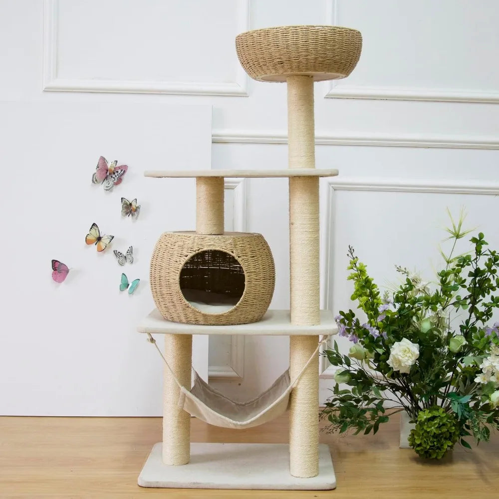 Cat Tree for Indoor Cats, 52.4 Inch Tall, with Scratching Post and Hammock